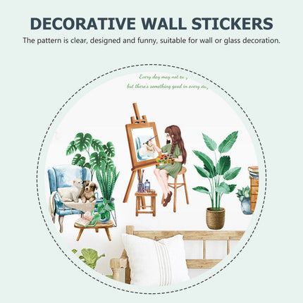Wandtattoo Wandaufkleber Fensteraufkleber Pflanzen Fensterbrett mit Mädchen-Motiv