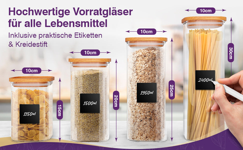 LÜNIC Vorratsgläser Vorratsdosen mit Bambusdeckel – eckig stapelbar