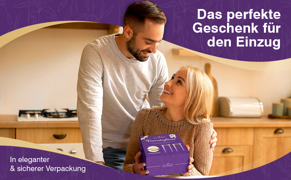LÜNIC Vorratsgläser Vorratsdosen mit Bambusdeckel – eckig stapelbar
