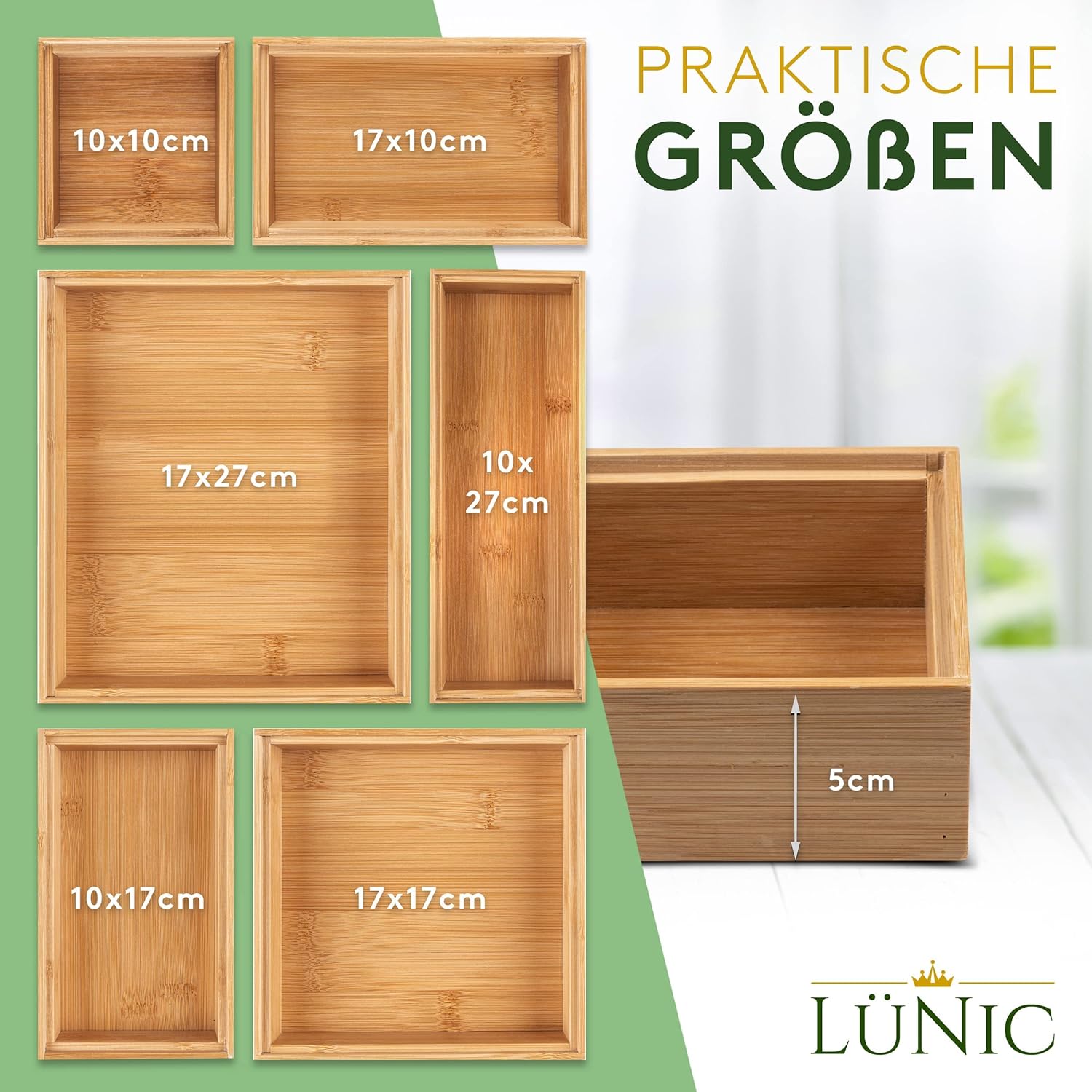 LÜNIC Schubladenbox Organizer aus Bambus Sortierbox, 6-teilig