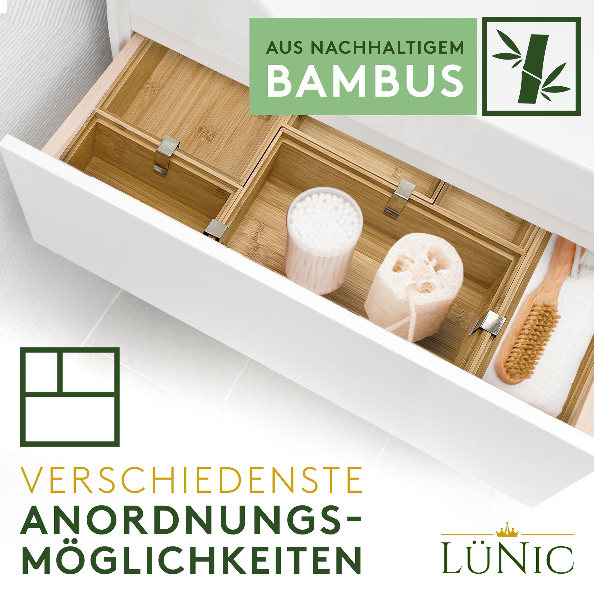 LÜNIC Schubladenbox Organizer aus Bambus Sortierbox, 6-teilig