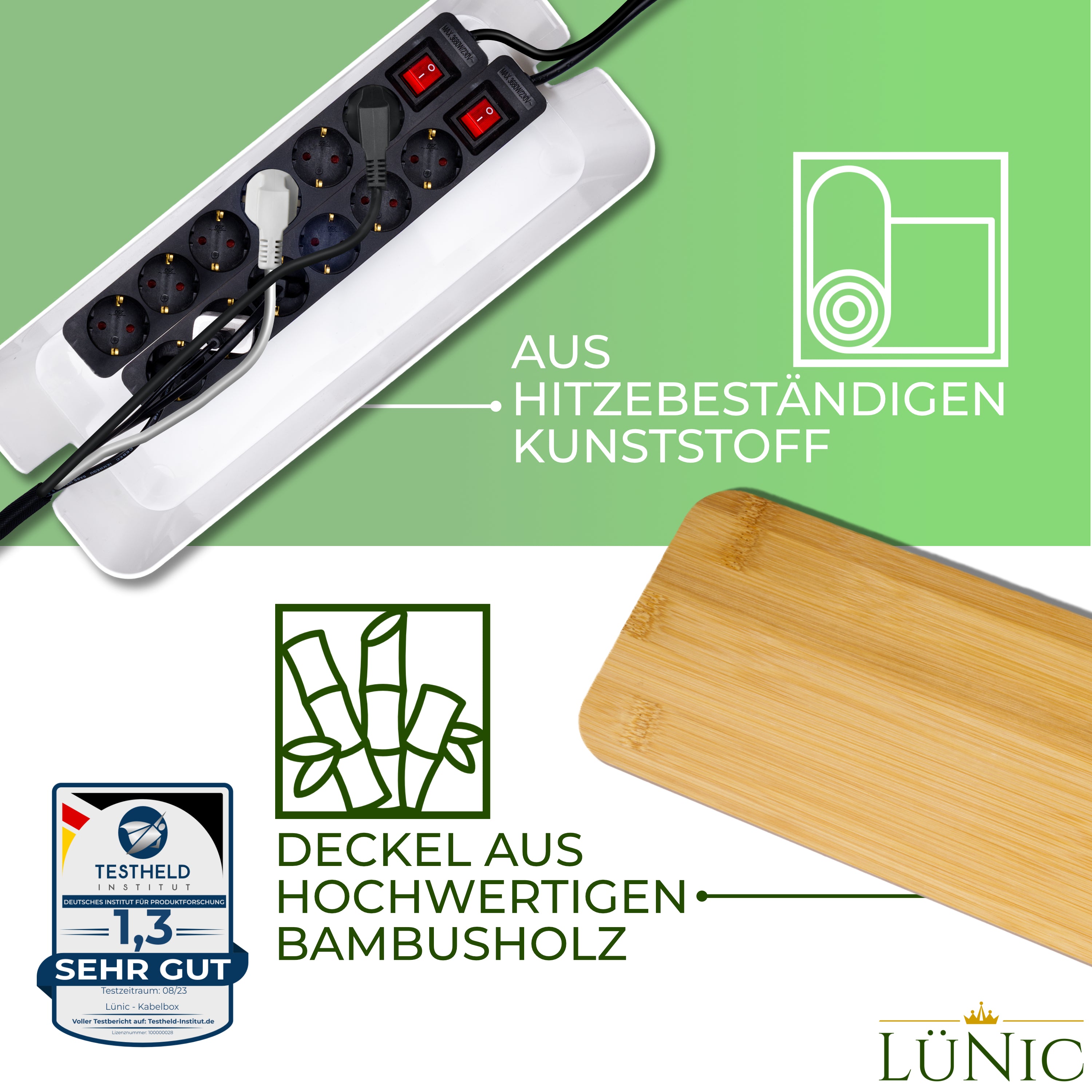 LÜNIC Kabelbox 2er Set mit Bambusdeckel weiß
