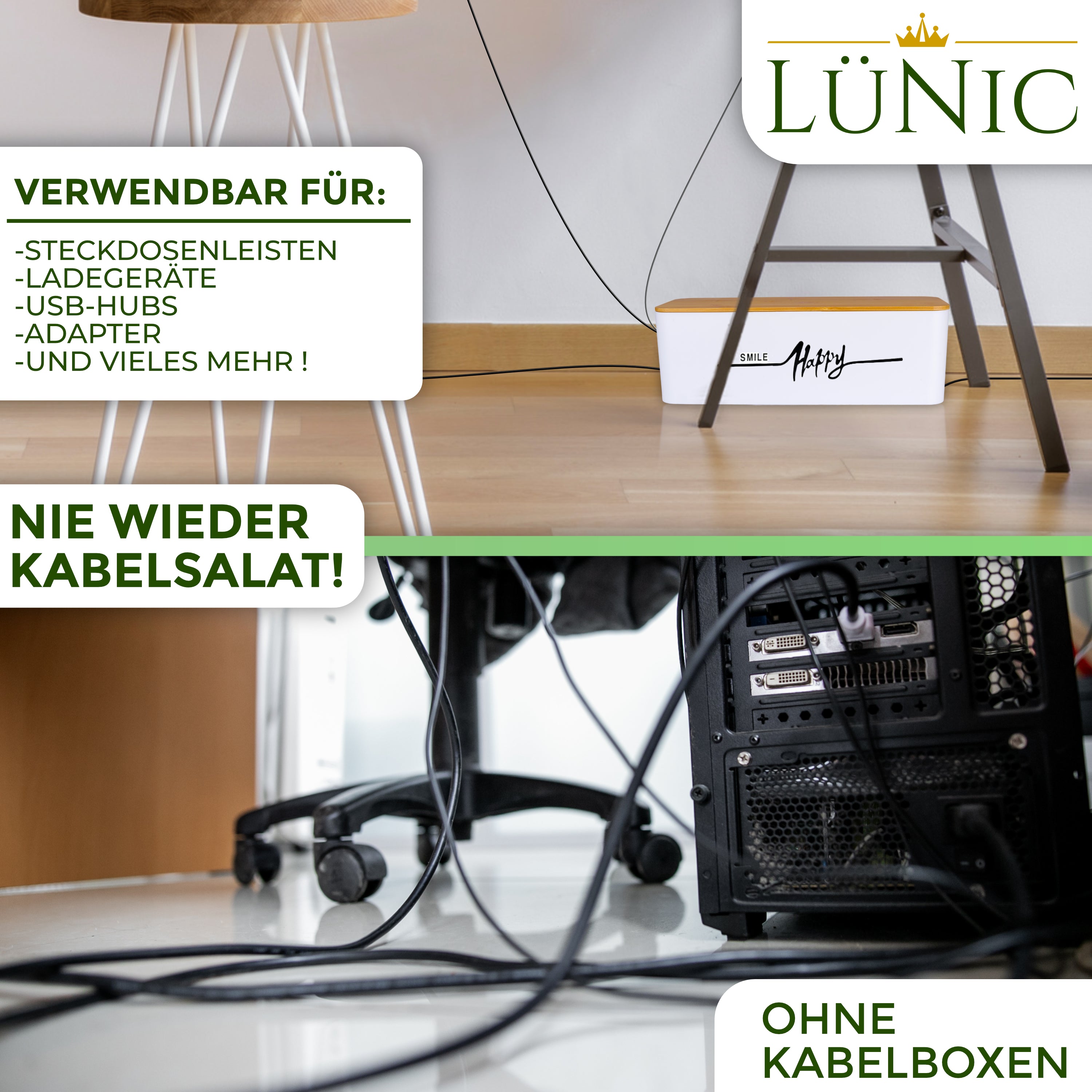 LÜNIC Kabelbox 2er Set mit Bambusdeckel weiß