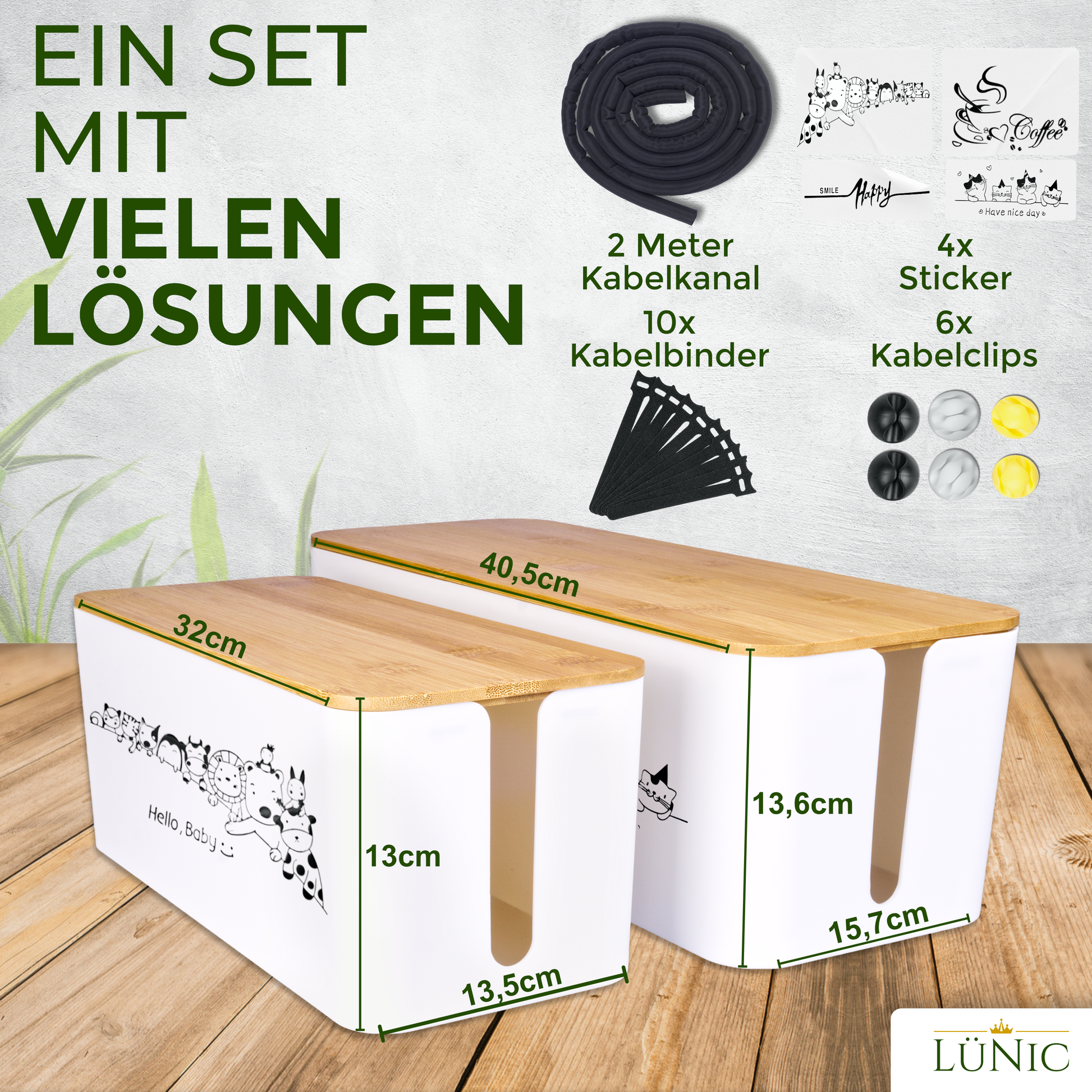 LÜNIC Kabelbox 2er Set mit Bambusdeckel weiß